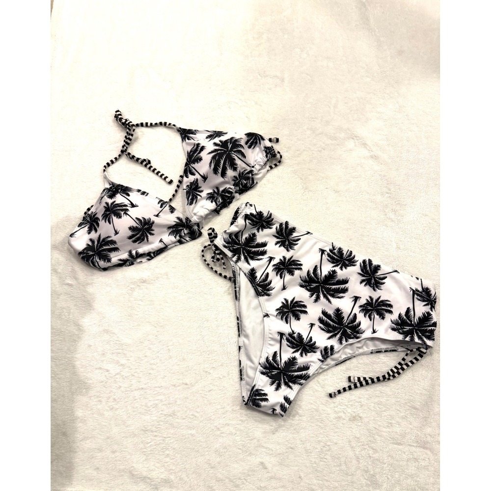 Palm Tree Print High Waisted Bikini Set Black White 3XL Triangle Halter 2 Piece